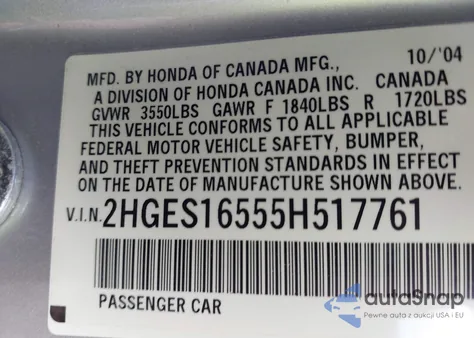 2005 Honda Civic Lx из США, поврежденный, VIN 2HGES16555H517761
